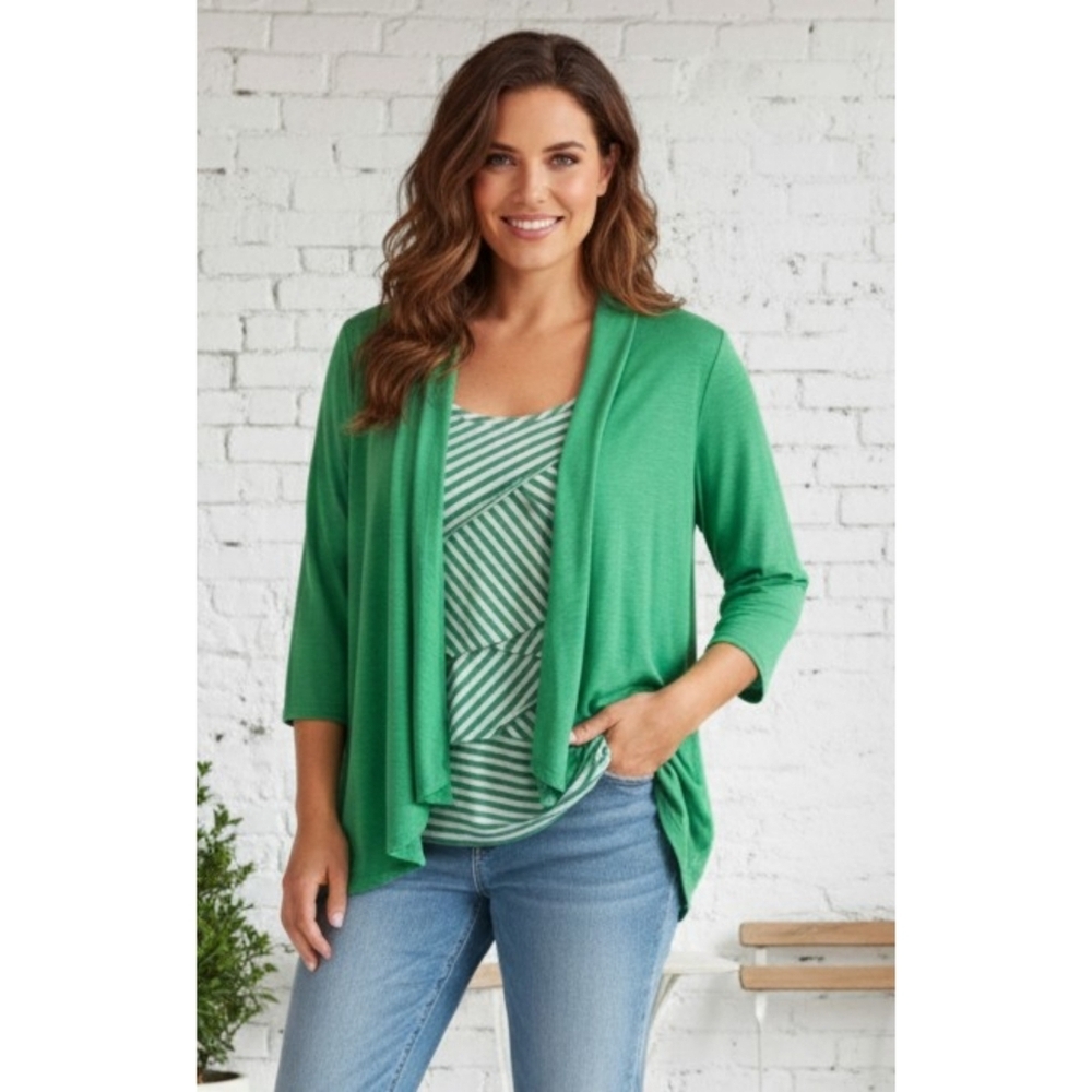 Notations 2fer top Green Ruffle stripe Size M